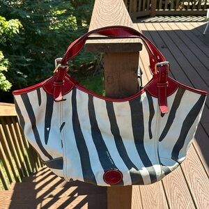 Dooney & Bourke Zebra canvas with red leather trim large purse tote bag